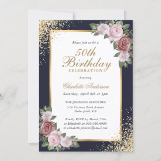 Invitation Elégant bleu or Confetti Floral 50e anniversaire
