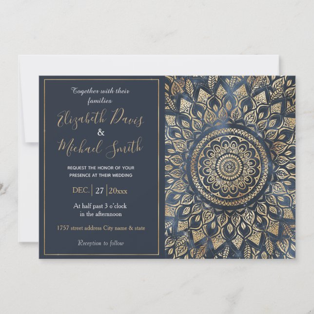 Invitation Elégant bleu or Mandala Floral (Devant)