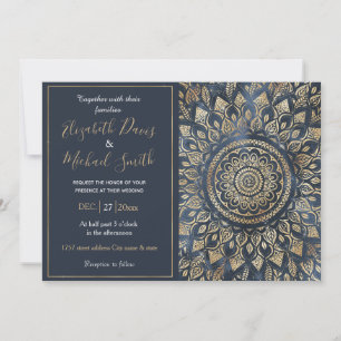 Invitation Elégant bleu or Mandala Floral