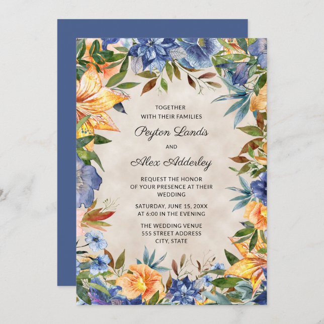 Invitation Elégant bleu orange aquarelle Mariage floral (Devant / Derrière)