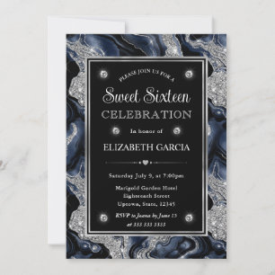 Invitation Élégant bleu paillettes et strass argentés Agate S