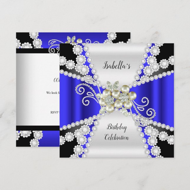 Invitation Élégant Bleu Perle Noir Blanc Diamant Anniversaire (Devant / Derrière)