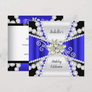 Invitation Élégant Bleu Perle Noir Blanc Diamant Anniversaire