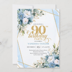 Invitation Élégant Bleu Poussiéreux 90e Anniversaire Floral S