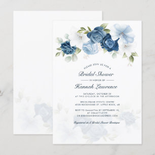 Invitation Élégant bleu poussiéreux aquarelle floral Baby Sho