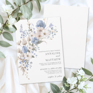 Invitation Élégant Bleu Poussiéreux de Fleurs Sauvages Mariag