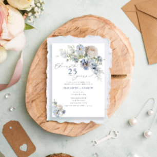 Invitation Élégant Bleu Poussiéreux Floral 25e Anniversaire d