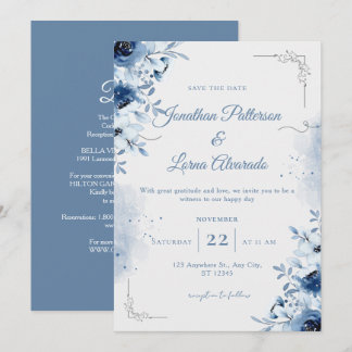 Invitation Élégant Bleu Poussiéreux Floral Aquarelle Nuit de