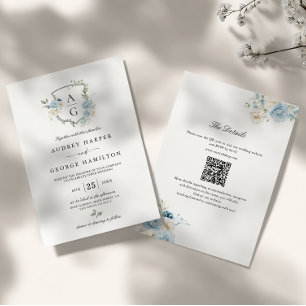 Invitation Élégant Bleu Poussiéreux Floral Monogramme Armoiri