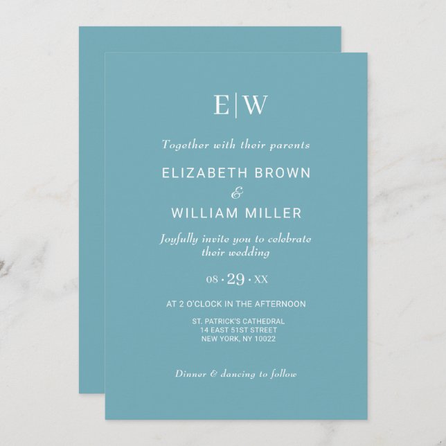Invitation Élégant bleu rétro simple avec Mariage Monogram (Devant / Derrière)