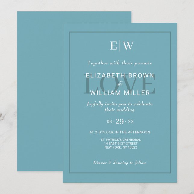 Invitation Élégant bleu rétro simple avec Mariage Monogram (Devant / Derrière)