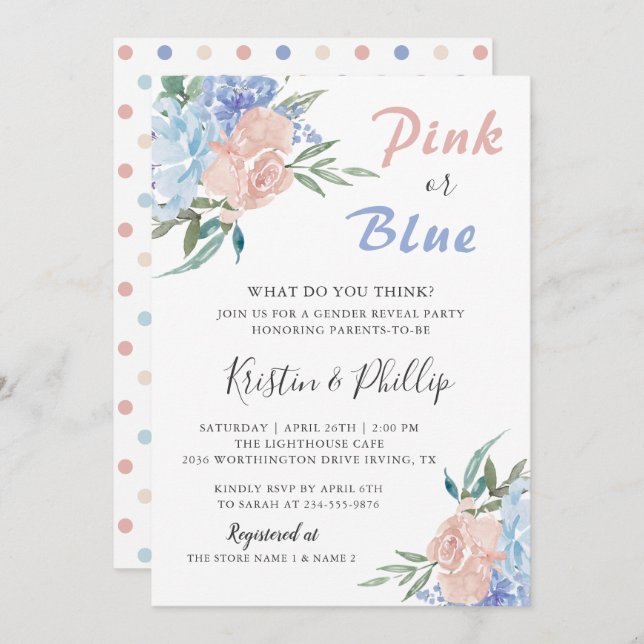 Invitation Élégant bleu rose Floral Baby shower de révélation (Devant / Derrière)
