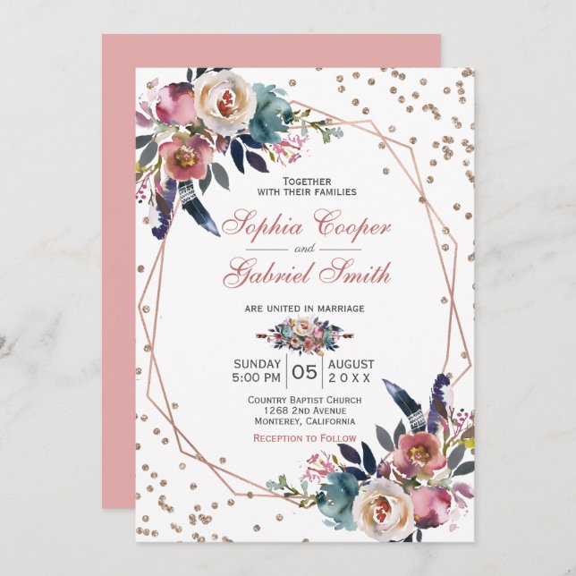 Invitation Élégant bleu rose floral | Mariage Gold Frame (Devant / Derrière)