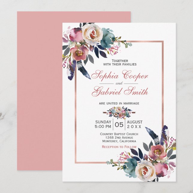 Invitation Élégant bleu rose floral | Mariage Rose Gold Frame (Devant / Derrière)