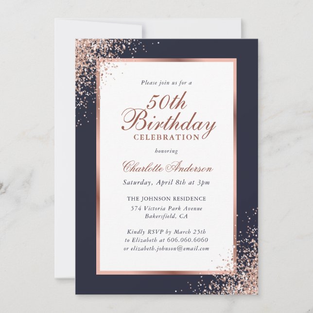 Invitation Elégant bleu Rose Gold Confetti 50e anniversaire (Devant)