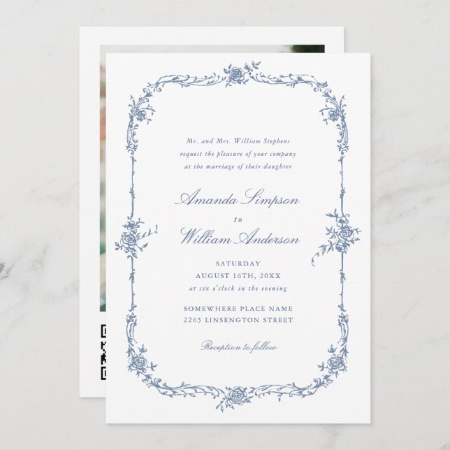 Invitation Elégant bleu Rose jardin mariage code QR (Devant / Derrière)