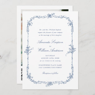 Invitation Elégant bleu Rose jardin mariage code QR