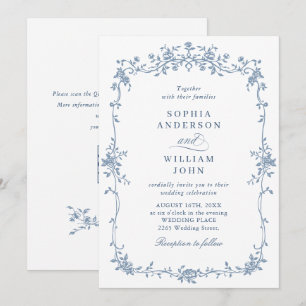 Invitation Elégant bleu Rose jardin mariage code QR