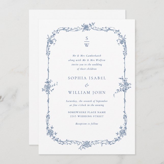 Invitation Elégant bleu Rose jardin mariage code QR (Devant / Derrière)