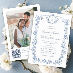 Invitation Elégant bleu Rose jardin mariage code QR