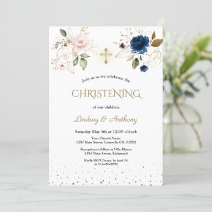 Invitation Élégant bleu rose or floral jumeaux Christening