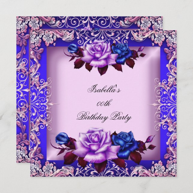 Invitation Elégant bleu rose violet Lilac Rose Anniversaire (Devant / Derrière)