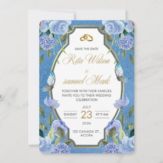Invitation Élégant Bleu Royal Floral et Or