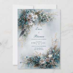 Invitation Élégant Bleu Sarcelle Floral Plume Or Mariage
