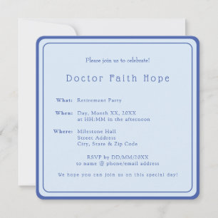 Invitation Élégant Bleu Simple Docteur Parti de retraite