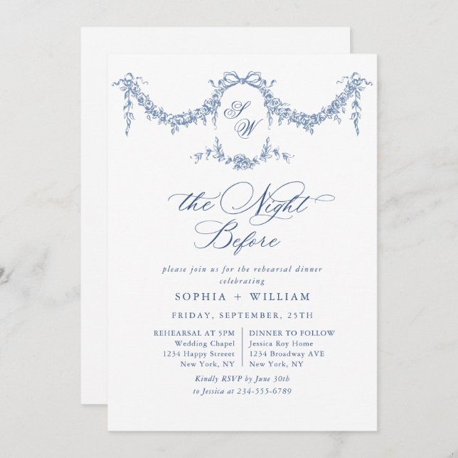 Invitation Elégant Bleu Toile Français Jardin Répétition Dîne (Devant / Derrière)