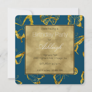 Invitation Elégant Bleu Turquoise Papillons Or Anniversaire