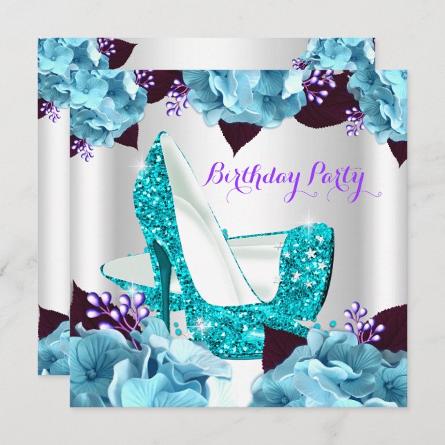 Invitation Elégant bleu Turquoise pourpre Hi Heels Anniversai (Devant / Derrière)
