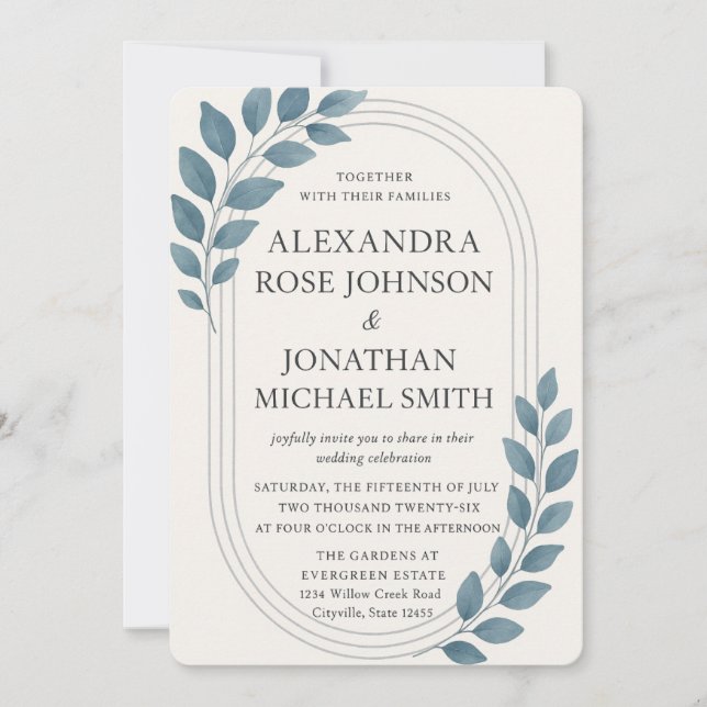 Invitation Elégant bleu vert et Mariage ovale argenté (Devant)