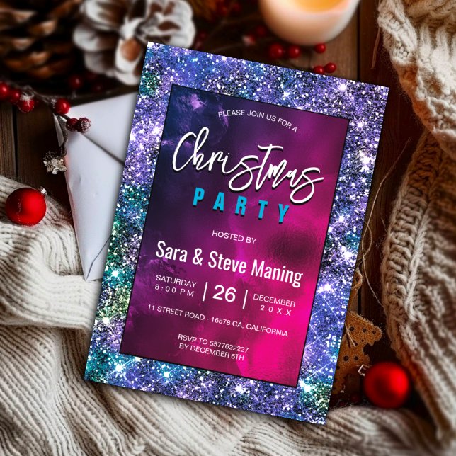 Invitation Elégant bleu vert faux Parties scintillant Noël (Créateur téléchargé)