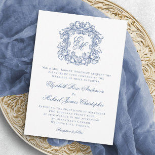 Invitation Elégant bleu Vintage Monogram Crest Mariage