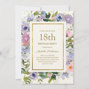 Invitation Elégant bleu violet or floral 18ème anniversaire