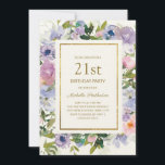 Invitation Elégant bleu violet or floral 21e anniversaire<br><div class="desc">Elégante invitation à la fête du 21e anniversaire femme bleu et violet couleur aquarelle bleu poussiéreux avec feuilles verts et cadre doré. Le texte est entièrement personnalisable,  de sorte que cette carte peut être changée pour n'importe quel âge.</div>