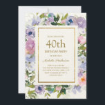 Invitation Elégant bleu violet or floral 40e anniversaire<br><div class="desc">Elégante invitation à la fête du 40e anniversaire de mariage avec des feuilles verts et un cadre doré,  bleu et violet roux. Le texte est entièrement personnalisable,  de sorte que cette carte peut être changée pour n'importe quel âge.</div>