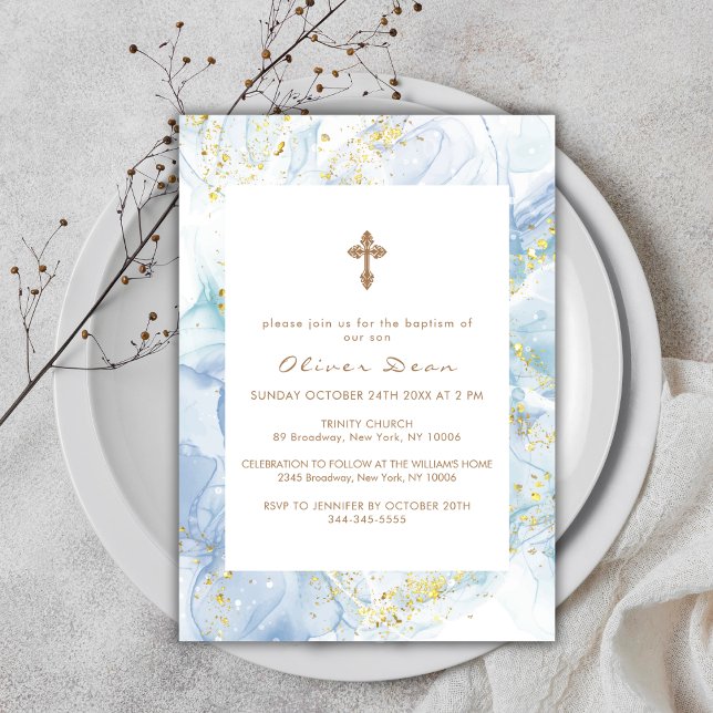 Invitation Élégant Blue Agate Gold Cross Boy Baptism (Elegant Blue Agate Gold Cross Boy Baptism Invitation)