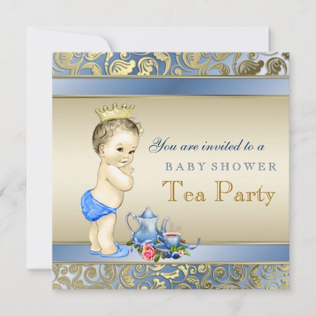 Invitation Elégant Blue and Gold Boys Tea Party Baby shower (Devant)