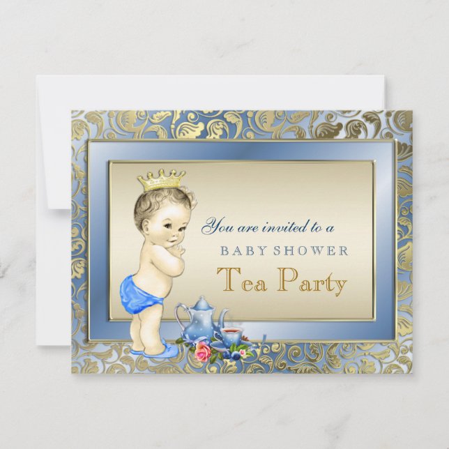 Invitation Elégant Blue and Gold Boys Tea Party Baby shower (Devant)