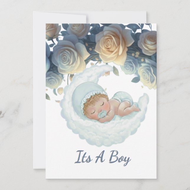 Invitation Elegant blue and gold roses baby boy shower (Devant)
