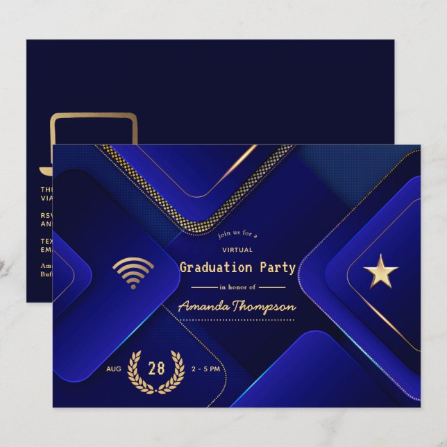 Invitation Elégant Blue and Gold Virtual Graduation Party (Devant / Derrière)