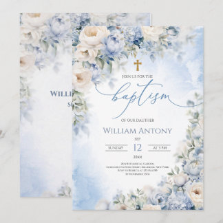Invitation Elegant Blue and Ivory Floral Boy Baptism Christen