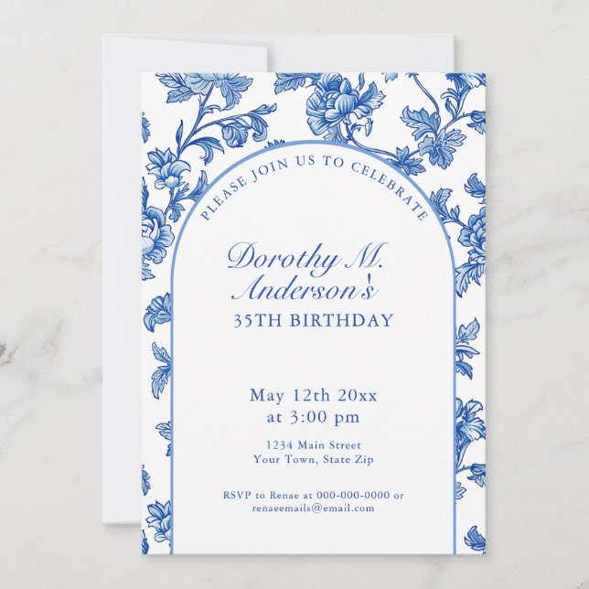 Invitation Elégant Blue and White 35th Birthday Party (Devant)