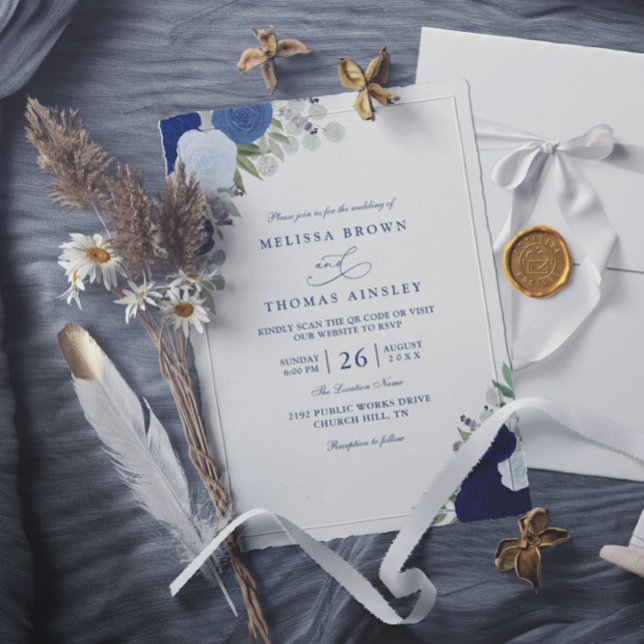 Invitation Elegant Blue Boho Roses Modern QR Code Wedding (Créateur téléchargé)