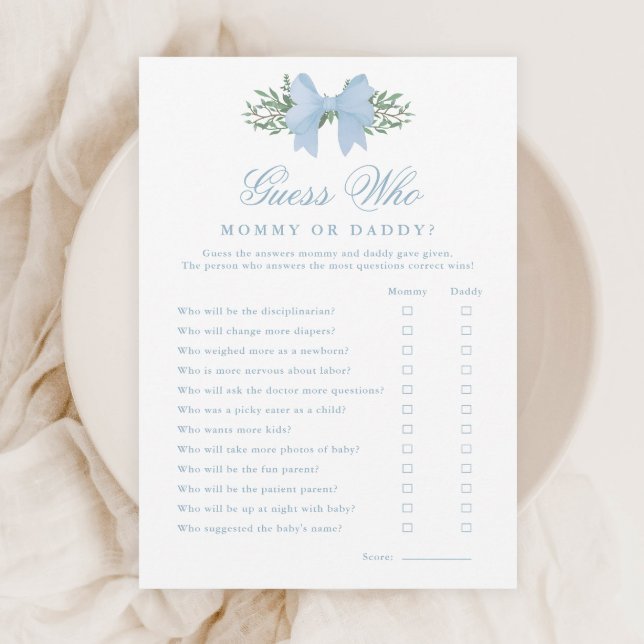 Invitation Elegant Blue Bow Devine Qui Baby shower Jeu (Elegant Blue Bow Guess Who Baby Shower Mommy or Daddy Games.)