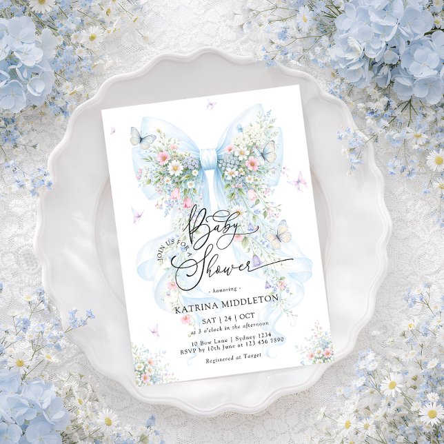 Invitation Elegant Blue Bow Wildflower Baby Shower (Créateur téléchargé)