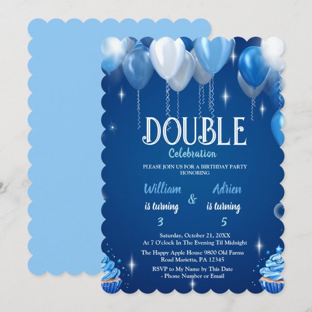 Invitation Elégant Blue Boys Double Anniversaire personnalisa (Devant / Derrière)