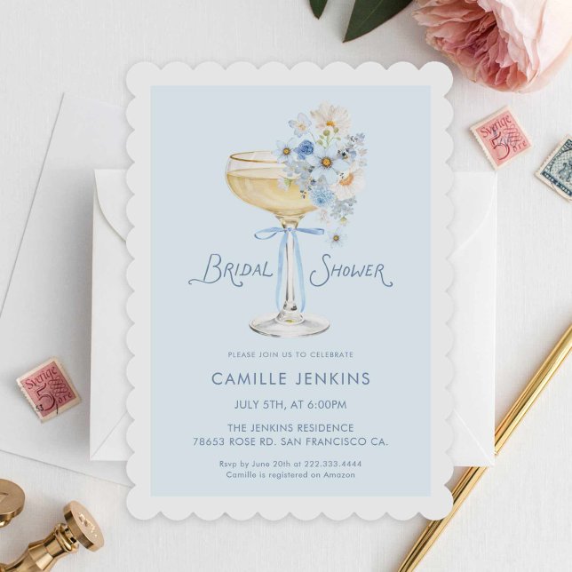 Invitation Elegant Blue Champagne Brunch Garden Bridal Shower (Blue Bubbly Bridal Shower Invitation)